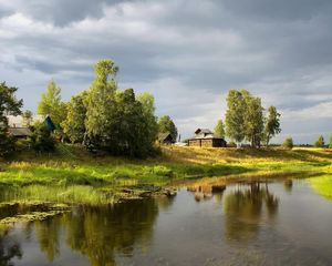 Preview wallpaper river, village, sky, cloudy, summer, green, water-lilies, trees, stream, coast, small