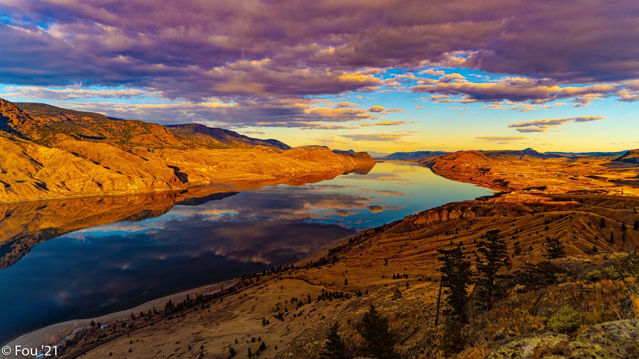 Wallpaper river, water, hills, relief, sunset, nature, landscape