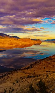 Preview wallpaper river, water, hills, relief, sunset, nature, landscape