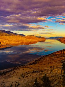Preview wallpaper river, water, hills, relief, sunset, nature, landscape