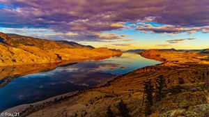 Preview wallpaper river, water, hills, relief, sunset, nature, landscape