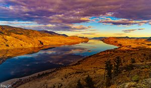 Preview wallpaper river, water, hills, relief, sunset, nature, landscape