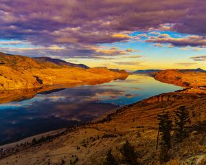 Preview wallpaper river, water, hills, relief, sunset, nature, landscape