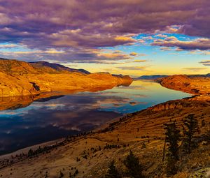 Preview wallpaper river, water, hills, relief, sunset, nature, landscape