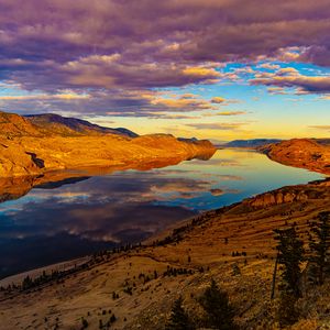 Preview wallpaper river, water, hills, relief, sunset, nature, landscape