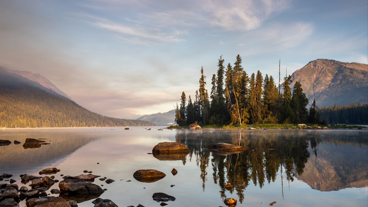 Wallpaper river, water, mountains, island, trees, nature, landscape