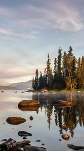 Preview wallpaper river, water, mountains, island, trees, nature, landscape