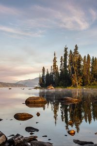 Preview wallpaper river, water, mountains, island, trees, nature, landscape