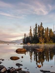 Preview wallpaper river, water, mountains, island, trees, nature, landscape