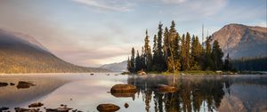 Preview wallpaper river, water, mountains, island, trees, nature, landscape