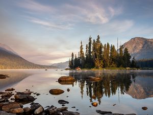 Preview wallpaper river, water, mountains, island, trees, nature, landscape