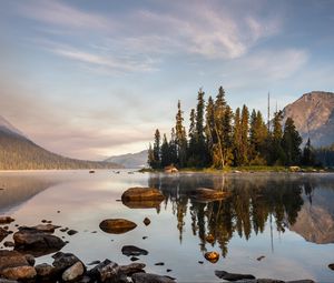 Preview wallpaper river, water, mountains, island, trees, nature, landscape