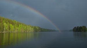 Preview wallpaper river, water, rainbow, forest, landscape