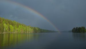 Preview wallpaper river, water, rainbow, forest, landscape