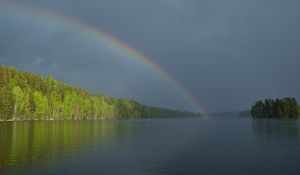 Preview wallpaper river, water, rainbow, forest, landscape
