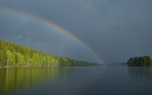 Preview wallpaper river, water, rainbow, forest, landscape