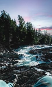 Preview wallpaper river, water, stones, trees, nature, legs, landscape