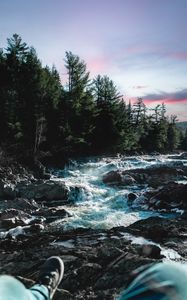 Preview wallpaper river, water, stones, trees, nature, legs, landscape
