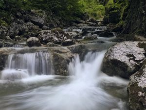 Preview wallpaper river, water, waterfall, cascade, stones, nature