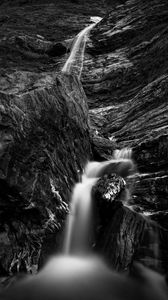 Preview wallpaper river, waterfall, bw, rock, landscape