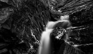 Preview wallpaper river, waterfall, bw, rock, landscape