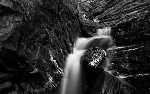 Preview wallpaper river, waterfall, bw, rock, landscape