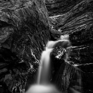 Preview wallpaper river, waterfall, bw, rock, landscape