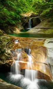 Preview wallpaper river, waterfall, cliff, stone, trees