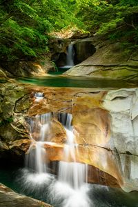 Preview wallpaper river, waterfall, cliff, stone, trees