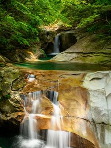 Preview wallpaper river, waterfall, cliff, stone, trees