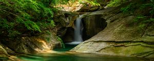 Preview wallpaper river, waterfall, cliff, stone, trees