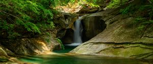 Preview wallpaper river, waterfall, cliff, stone, trees