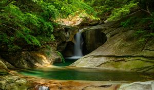 Preview wallpaper river, waterfall, cliff, stone, trees