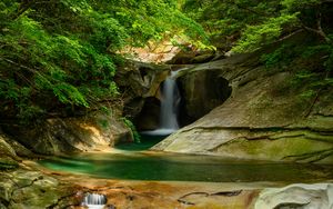 Preview wallpaper river, waterfall, cliff, stone, trees
