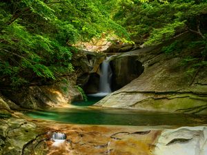 Preview wallpaper river, waterfall, cliff, stone, trees