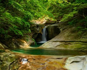 Preview wallpaper river, waterfall, cliff, stone, trees