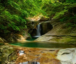 Preview wallpaper river, waterfall, cliff, stone, trees