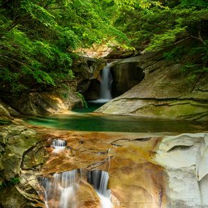 Preview wallpaper river, waterfall, cliff, stone, trees