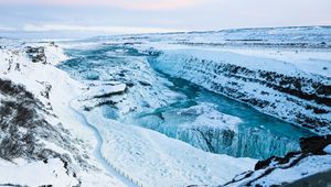 Preview wallpaper river, waterfall, ice, snow, frozen, winter