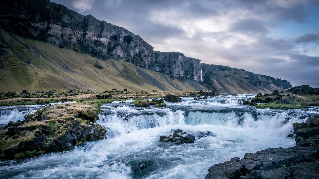 Wallpaper river, waterfall, mountains, valley, stones, landscape