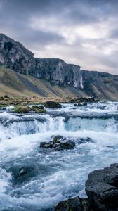 Preview wallpaper river, waterfall, mountains, valley, stones, landscape