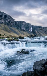 Preview wallpaper river, waterfall, mountains, valley, stones, landscape