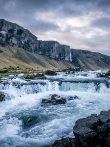 Preview wallpaper river, waterfall, mountains, valley, stones, landscape