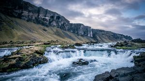 Preview wallpaper river, waterfall, mountains, valley, stones, landscape