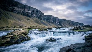 Preview wallpaper river, waterfall, mountains, valley, stones, landscape