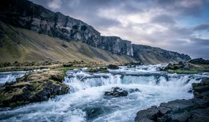 Preview wallpaper river, waterfall, mountains, valley, stones, landscape