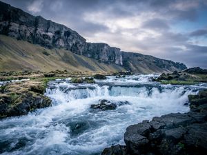 Preview wallpaper river, waterfall, mountains, valley, stones, landscape