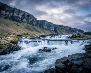 Preview wallpaper river, waterfall, mountains, valley, stones, landscape