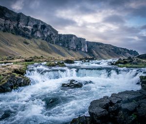 Preview wallpaper river, waterfall, mountains, valley, stones, landscape