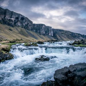 Preview wallpaper river, waterfall, mountains, valley, stones, landscape